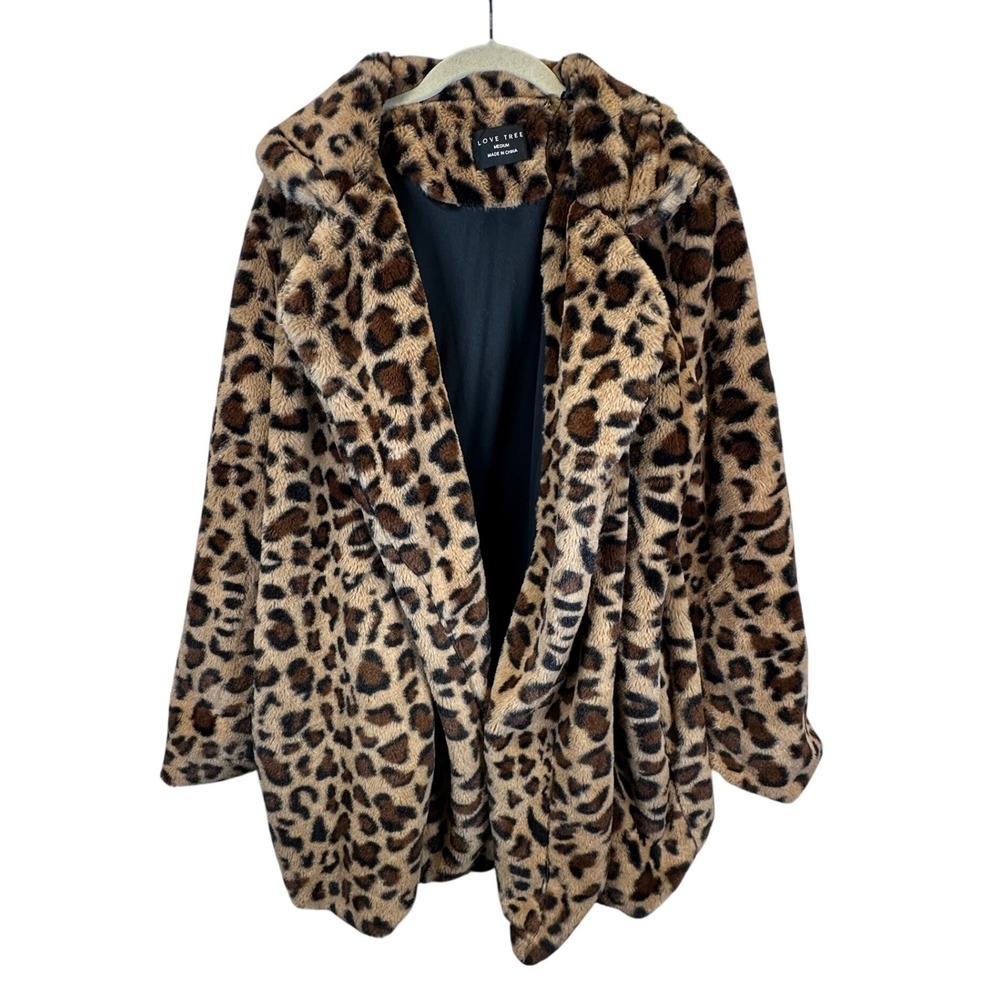 Love Tree Leopard Print Faux Fur Teddy Coat Brown Tan Medium 8806JC